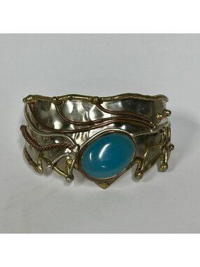 3 Mixed Metal-Tone Cuff Bracelet With Chalcedony Cabochon Wire Wrap Boho